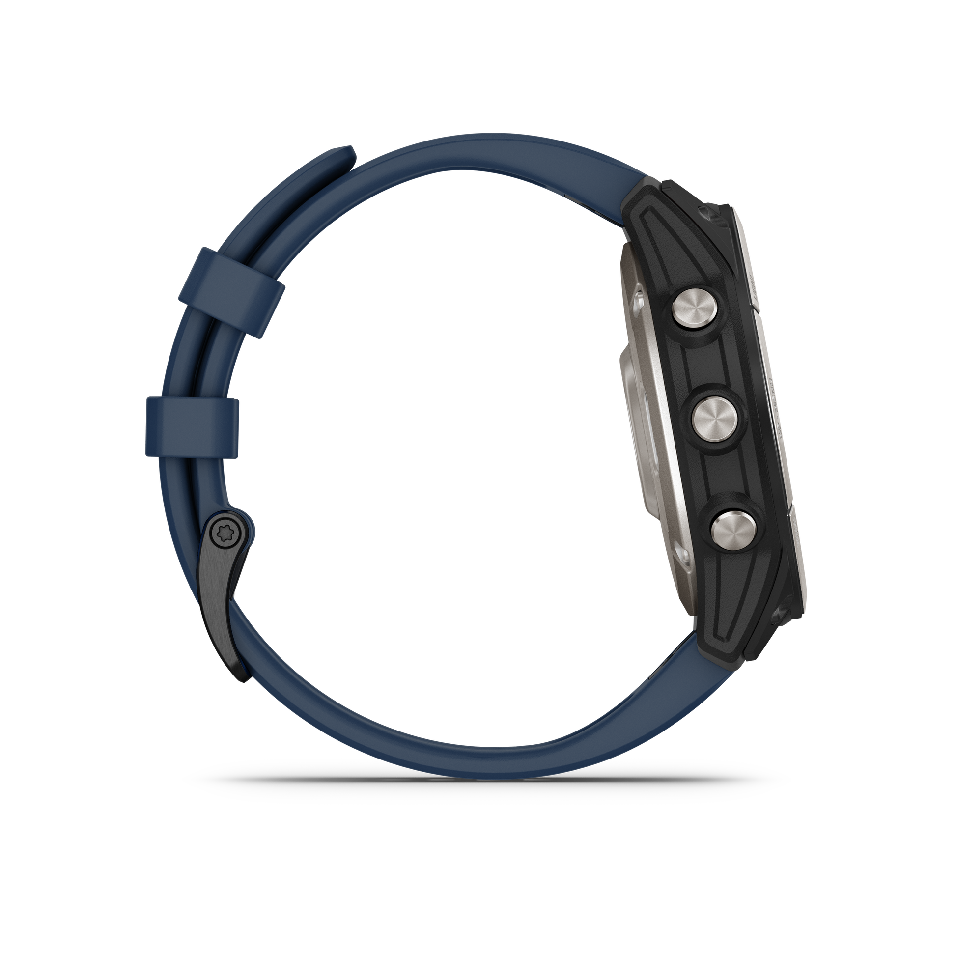 Garmin Quatix 7X Solar smartwatch on blue strap with metal side buttons