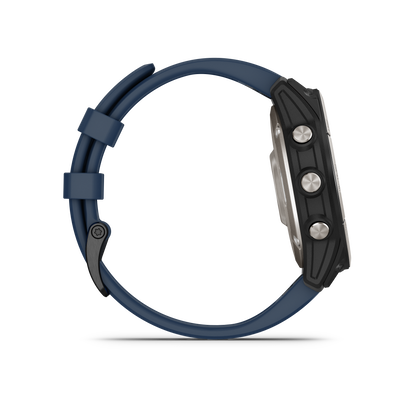 Garmin Quatix 7X Solar smartwatch on blue strap with metal side buttons