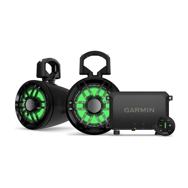 Garmin Tread Audio System with LED controller; two black marine speakers with green LED rings and control unit