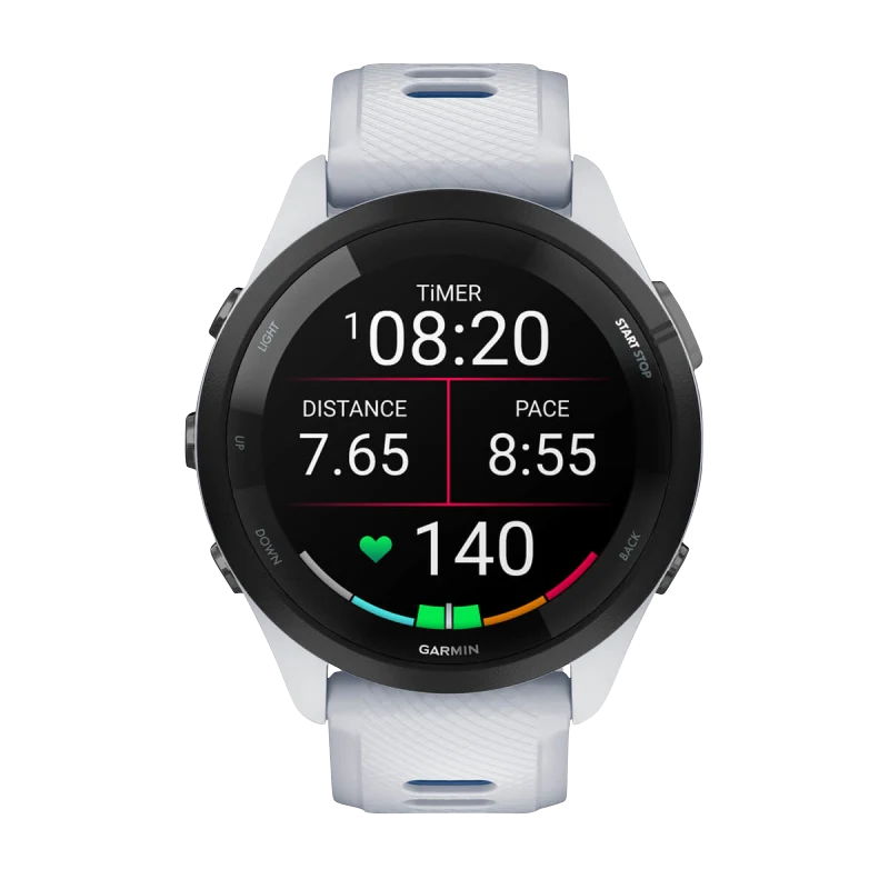 Garmin Forerunner 265, 46 mm Black Bezel with Whitestone Case and Whitestone/Tidal Blue Silicone Band (010-02810-01)