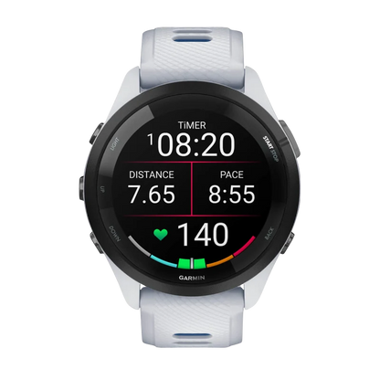 Garmin Forerunner 265, 46 mm Black Bezel with Whitestone Case and Whitestone/Tidal Blue Silicone Band (010-02810-01)