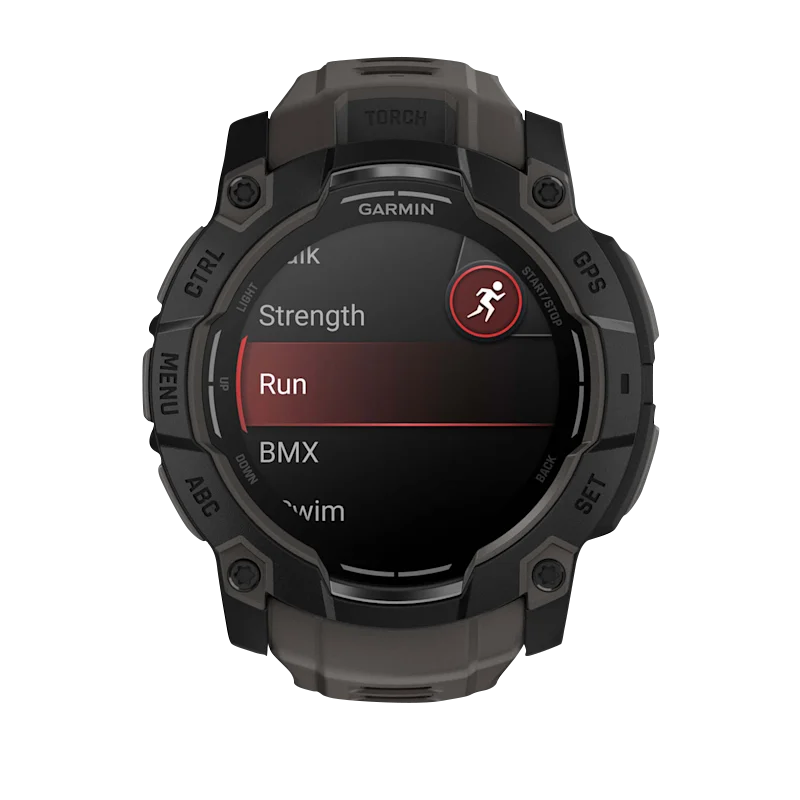 Garmin Instinct 3 AMOLED, (50mm) Black with Charcoal Band (010-03020-00) showcasing fitness activity options.
