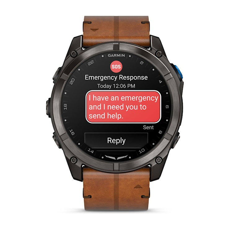 Garmin D2 Mach 2 Pro smart watch with carbon gray DLC titanium case and chestnut leather band, emergency alert.