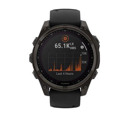 Garmin Fenix 8, 51 mm Solar Sapphire, Carbon Gray DLC Titanium with Black/Pebble Gray Silicone Band (010-02907-10)