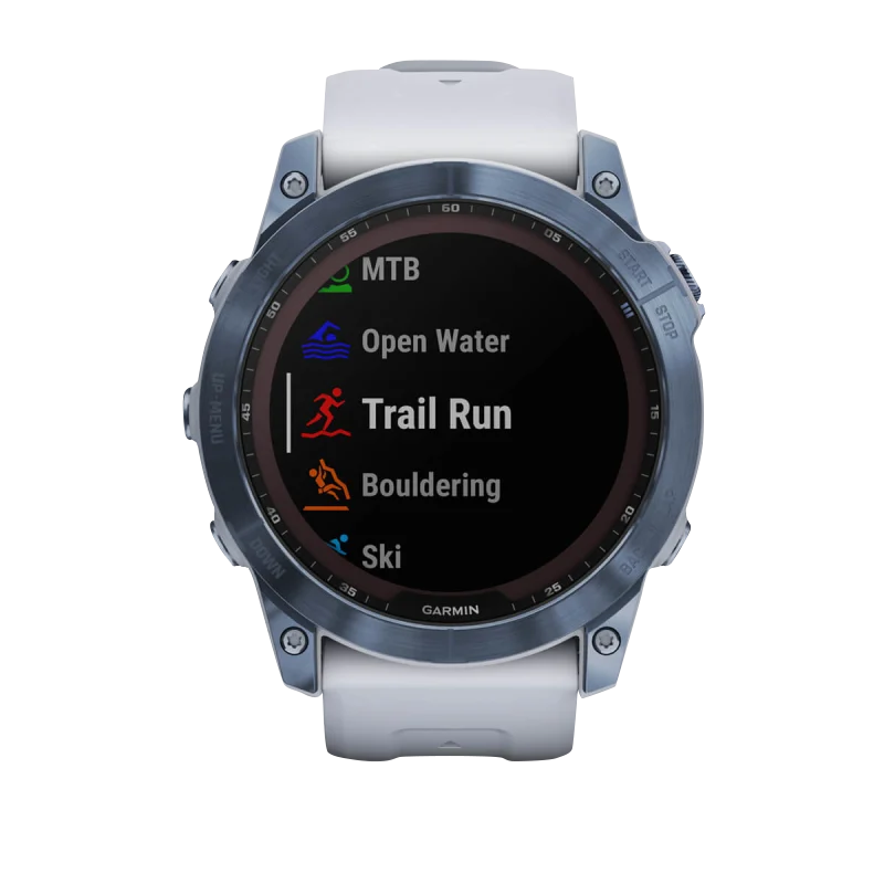 Garmin Fenix 7X, Sapphire Solar, Mineral Blue Titanium w/ Whitestone Band (Garmin Certified Refurbished)