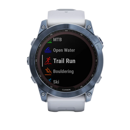 Garmin Fenix 7X, Sapphire Solar, Mineral Blue Titanium w/ Whitestone Band (Garmin Certified Refurbished)