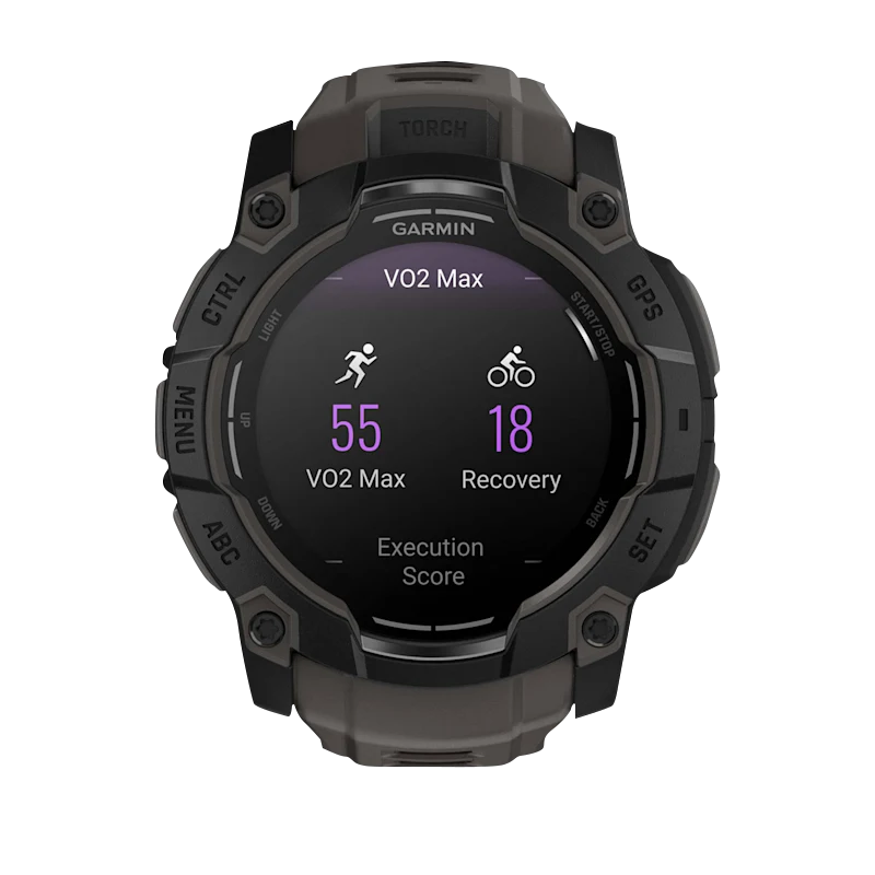 Garmin Instinct 3 AMOLED, (50mm) Black with Charcoal Band (010-03020-00) showcasing fitness metrics and sleek design.