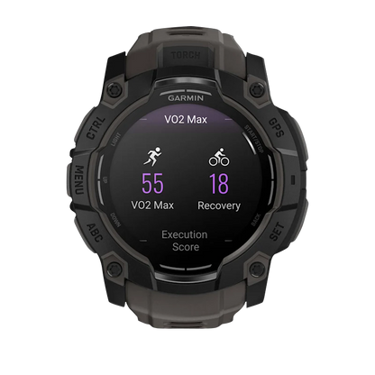 Garmin Instinct 3 AMOLED, (50mm) Black with Charcoal Band (010-03020-00) showcasing fitness metrics and sleek design.