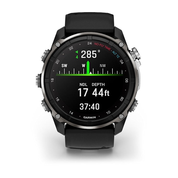 Garmin Descent Mk3i 51mm smart watch with silver and black PVD titanium case and black Pebble Gray silicone band