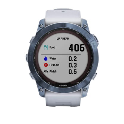 Garmin Fenix 7X, Sapphire Solar, Mineral Blue Titanium w/ Whitestone Band (Garmin Certified Refurbished)