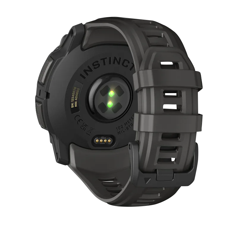 Garmin Instinct 3 AMOLED, (50mm) Black with Charcoal Band (010-03020-00) back view showcasing its sleek design.