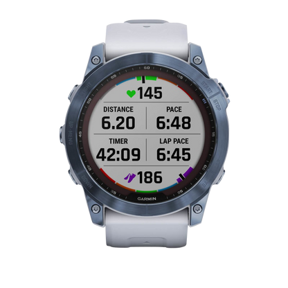 Garmin Fenix 7X, Sapphire Solar, Mineral Blue Titanium w/ Whitestone Band (Garmin Certified Refurbished)