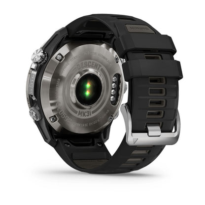 Garmin Descent Mk3i 51mm smartwatch with silver and black PVD titanium case and black silicone band