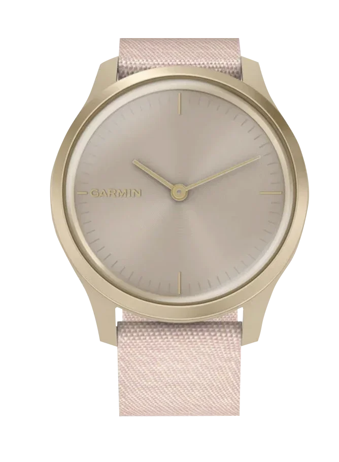 Garmin Vívomove Style smartwatch with a light gold aluminum case and blush pink woven nylon band