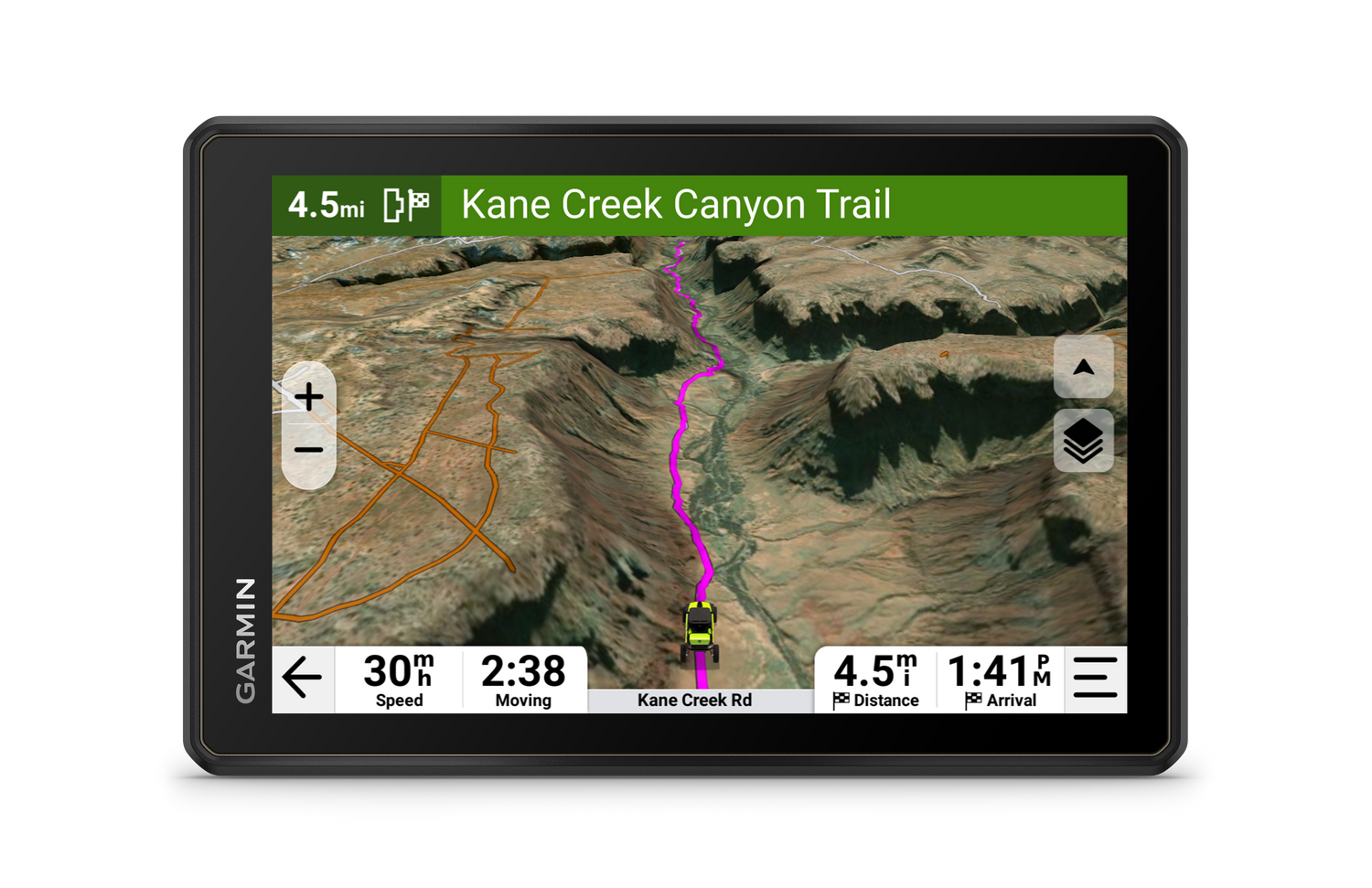 Garmin Tread 2 SxS Edition 8-inch rugged powersport GPS navigator displaying Kane Creek Canyon Trail map