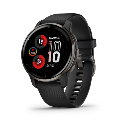 Garmin Venu 2 Plus - Slate Stainless Steel Bezel with Black Case and Silicone Band (010-02496-01)