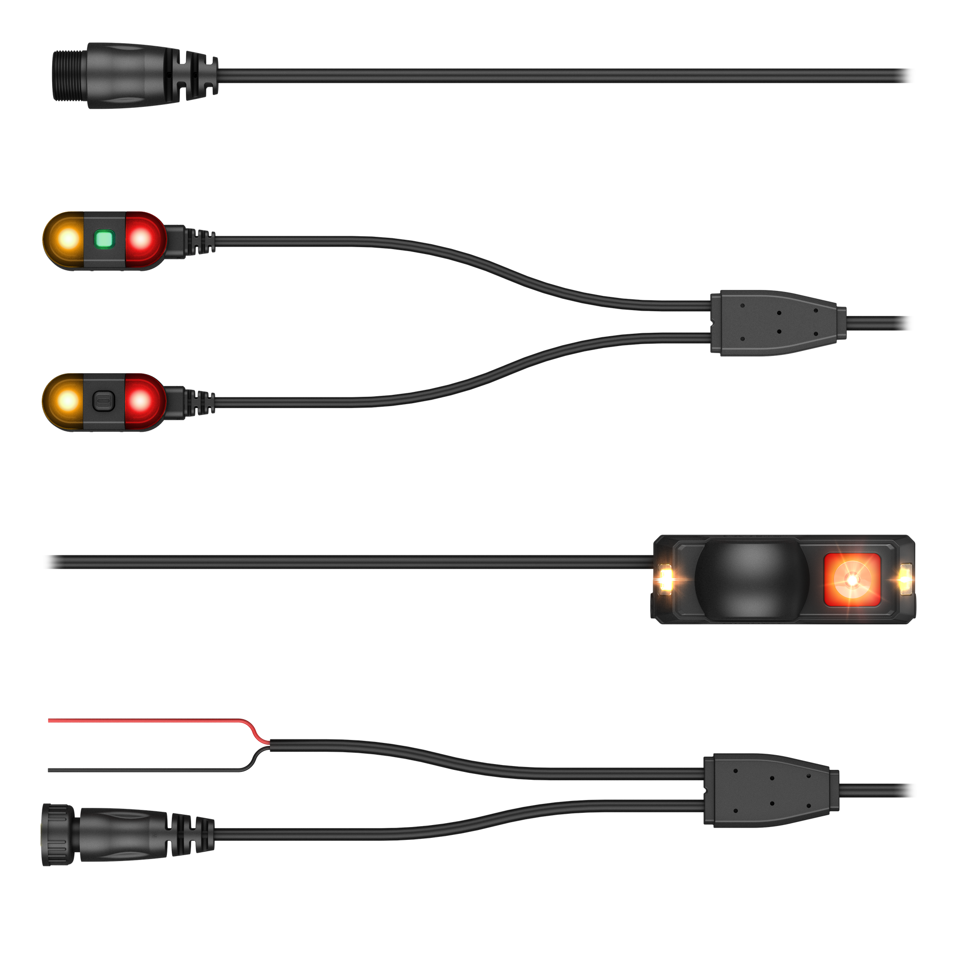 Garmin Xero R1 Motorcycle Radar with rearview radar, visibility lights, and wiring harness.