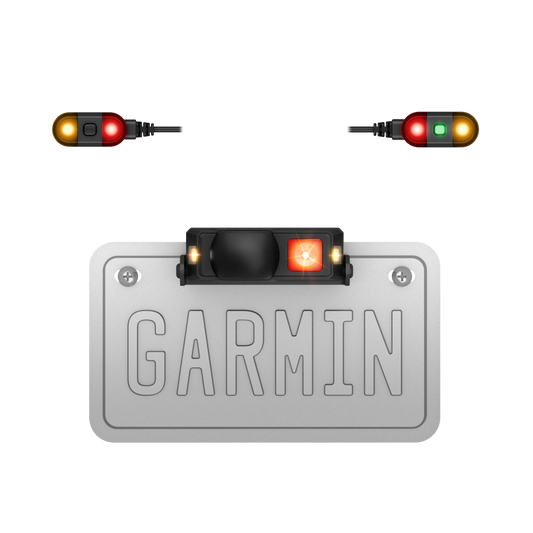 Garmin Xero R1 Motorcycle Radar mounted on a license plate with rearview radar and external lights for visibility.