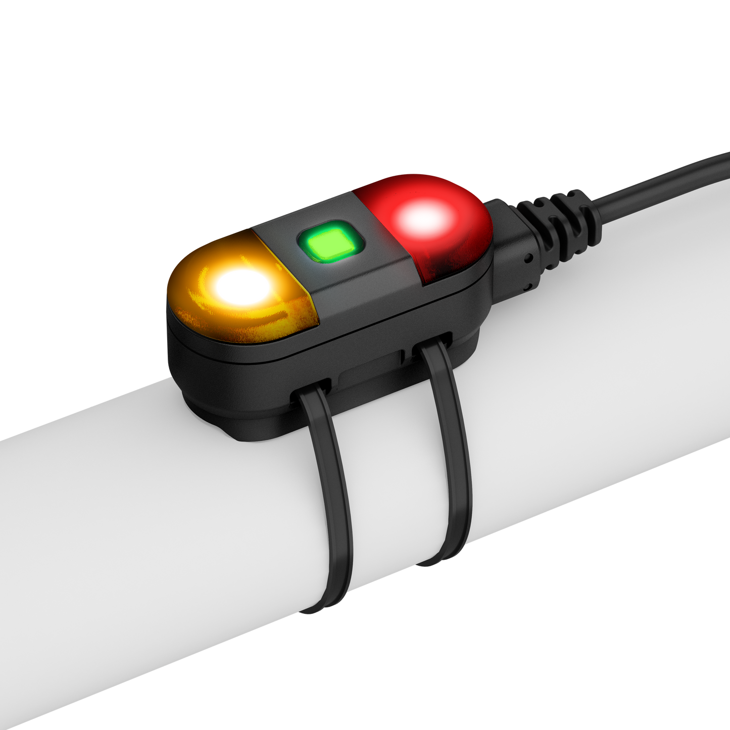 Garmin Xero R1 Motorcycle Radar with red, green and yellow lights mounted on a bar for rear/blind-spot monitoring.
